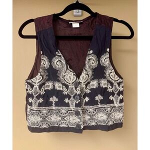 Vintage‎ Cindy Collins Black Embroidered Boho Hippie Vest Women's Medium